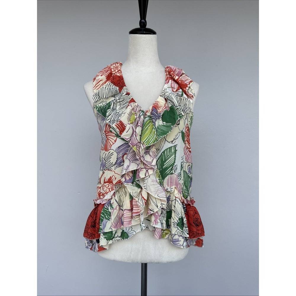 Stella McCartney Silk Floral Ruffle Blouse Cream Multicolor Peplum Top Sz-S